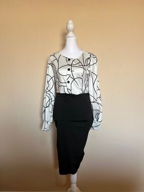 White Abstract Print Black Dress